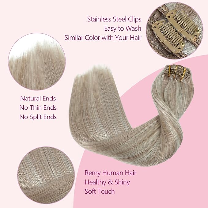 PINKPEARL Clip in Hair Extensions #18P1000 Ash Blonde Highlighted Gray Blonde 7pcs 16 Inch 120g Real Remy Hair Extensions Clip in Human Hair(#18P1000-16)
