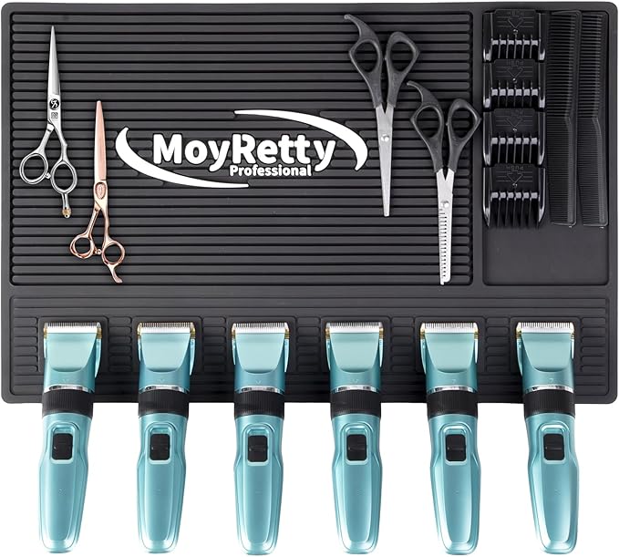 MoyRetty Magnetic Barber Mat for Clippers, (18.9" x 12.6") 6 Strong Magnetic Organizer Stations for Heavy Clippers and Trimmers, Professional Barbers Anti-Skid Rubber Mat(Black)