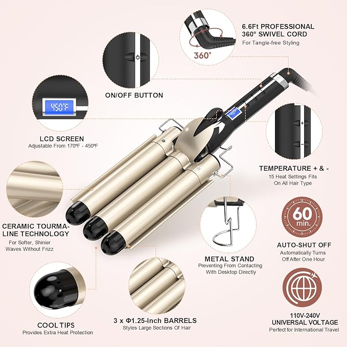 Hair Waver 1 1/4 Inch Crimper for Large Loose Waves, AIMERVO 3 Barrel Curling Iron 1.25", 15 Heat Settings 170-450°F for All Hair Types, Ceramic Jumbo Curling Wand, Dual Voltage, for Mid to Long Hair