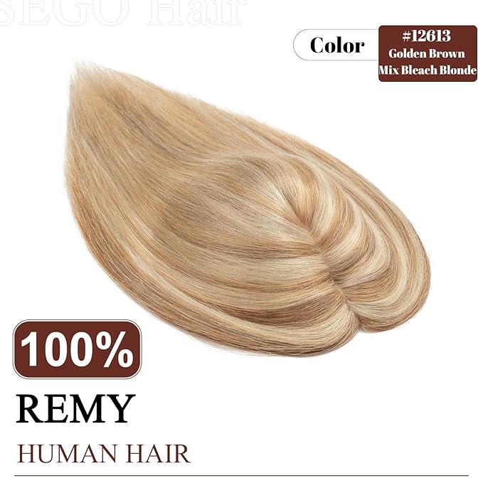 SEGO Real Human Hair Topper for Women No Bangs, Hair Topper with Anti-Slip Clips (16 Inches Golden Brown Mix Bleach Blonde)