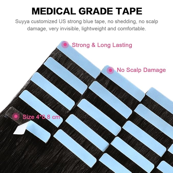 SUYYA Tape in Hair Extensions Human Hair Off Black 28 Inch 60g/pack 20pcs Straight Seamless Skin Weft Tape in Real Human Hair Extensions(28inch #1B Off Black)