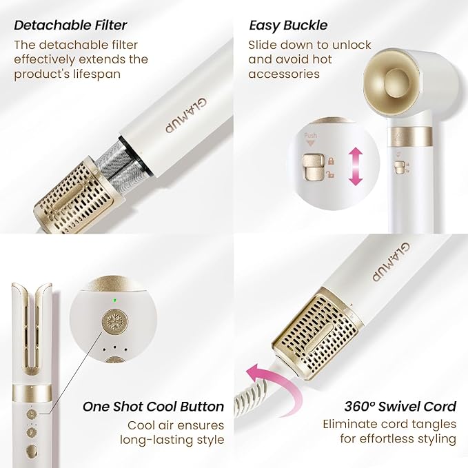 GLAMUP® 6 in 1 Hot Air Styler, Upgraded Long Barrel, Round Brush, Powerful High Speed Dryer, Tight Grip, Curling Volumizing Gift Set with Travel Bag