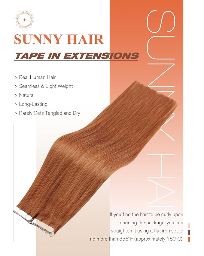 Sunny Hair Tape in Hair Extensions Real Human Hair Invisible Remy Hair Extensions Tape ins for Women Copper Red 12 inch 20Pcs