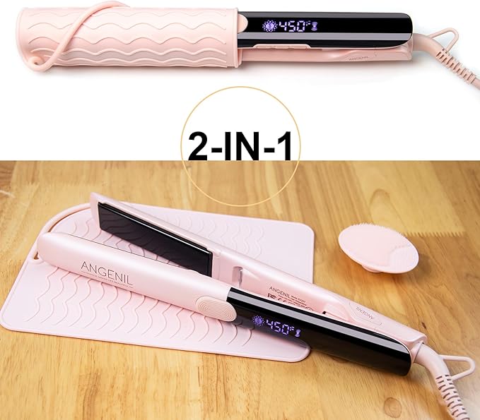 ANGENIL Pro Round Pink Dual Voltage Hair Straightener Irons, Titanium Flat Iron Hair Straightener and Curler 2 in 1 with Heat Resistant Silicone Mat, Smoothness, Large LCD Display, 20S Fast Heat Up