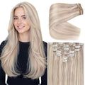Ve Sunny 18inch Clip in Hair Extensions Real Human Hair Ash Blonde Highlight Bleach Blonde Clip in Human Hair Extensions for Women Soft Thick Straight 120g 7pcs