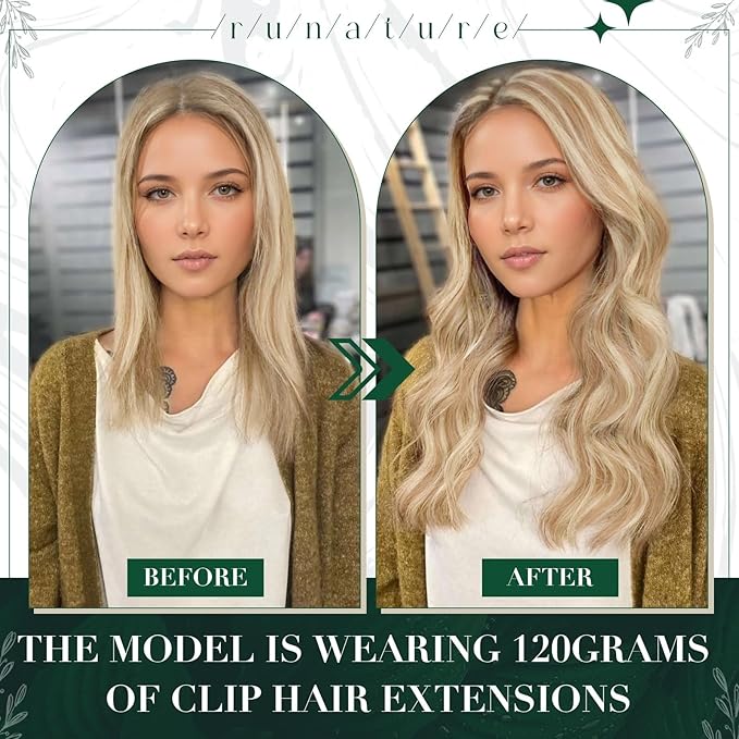 RUNATURE Clip in Hair Extensions Real Human Hair, Blonde Human Hair Clip in Extensions, Remy Straight Real Hair, Long Lasting, 14 Inch 50g 3pcs #18P60 Ash Blonde Highlights