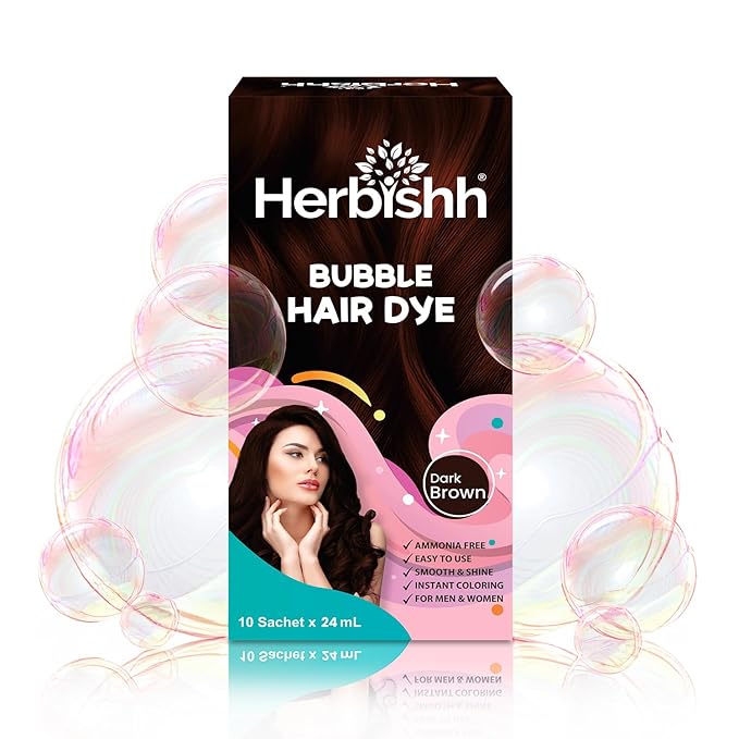 Herbishh Bubble Foam Hair Dye Shampoo, 3 in 1 Dye for 100% Grey Coverage, Permanent Hair Coloring for Men & Women, Long-lasting & Travel-friendly, Ammonia-free, 10 Sachet x 24 ml (Dark Brown)