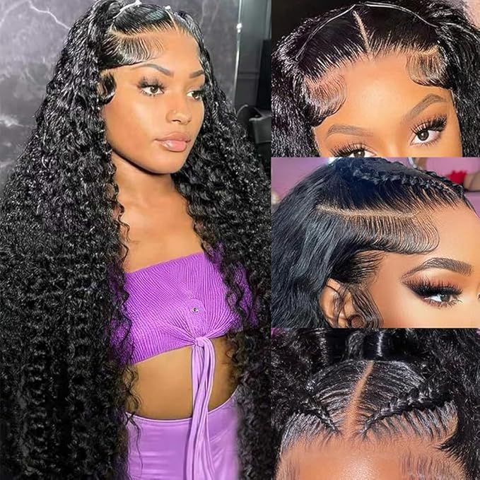 34 Inch 13×6 HD Lace Front Wigs Human Hair Water Wave 200 Density Lace Frontal Wigs Pre Plucked Deep Curly Human Hair Wig for Women Natural Black