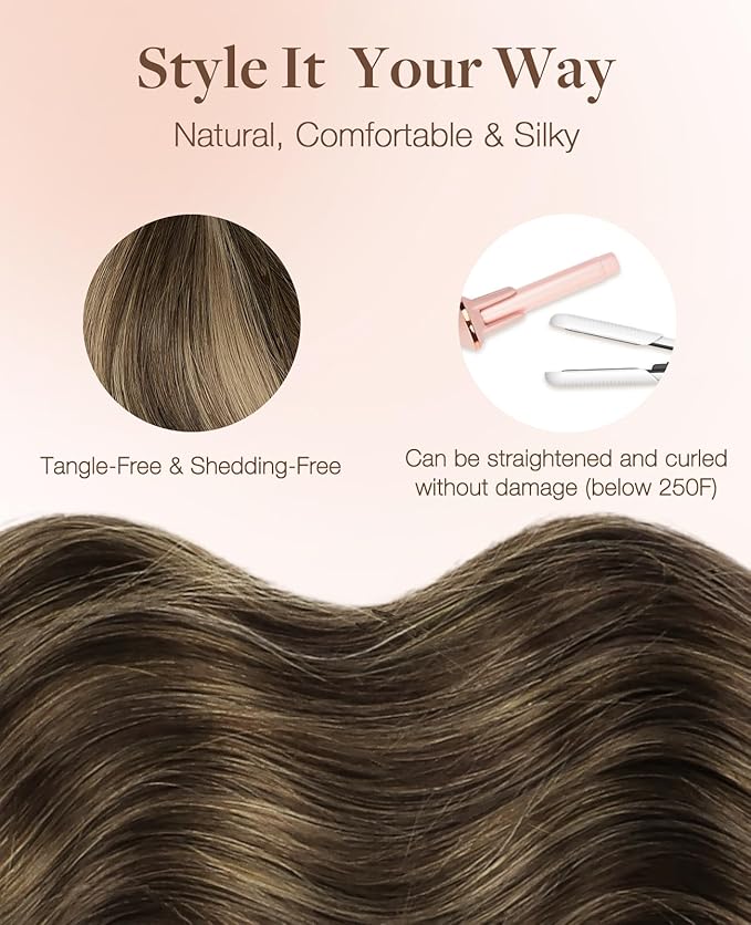 GOO GOO Invisi Edge Tape in Hair Extensions Human Hair, 4/27/4 Balayage Chocolate Brown to Caramel Blonde 10pcs injected with 10pcs classical tape ins, 20inch 50g, Virgin Remy Hair, Natural Look