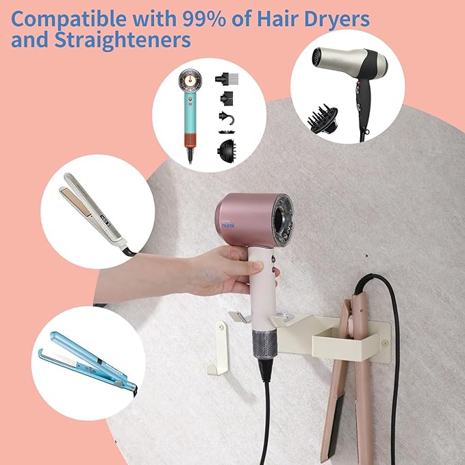 Hair Dryer and Straightener Holder, Hair Tool Organizer Wall Mount for Bathroom, Stainless Steel Straightener Holder, Blow Dryer Holder Adhesive/Drilling HairDryer Stand White UEMUSI