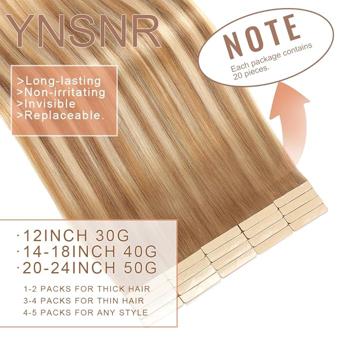 Middle Brown to Dark Blonde Tape in Hair Extensions Human Hair,14 Inch Human Hair Tape in Extensions 20Pcs Tape Ins Human Hair Extensions for Women Seamless Tape in Hair Extensions Real Human Hair