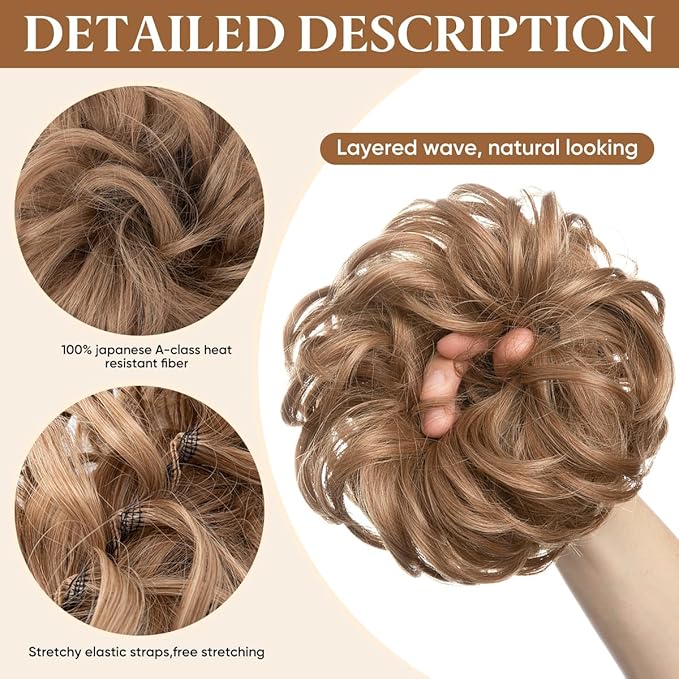 CJL HAIR Large Messy Bun Hair Piece Wavy Curly Scrunchies Synthetic Chignon Ponytail Hair Extensions Thick Updo Hairpieces for Women Medium Ash Brown