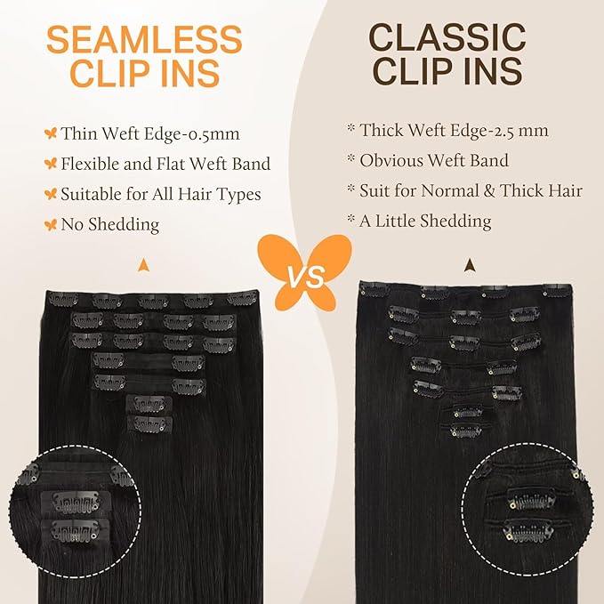 DOORES Clip in Hair Extensions, Natural Black 7pcs 14 Inch 110g,Seamless Clip in Hair Extensions Remy Straight Weft with Skin Invisi Edge Weft