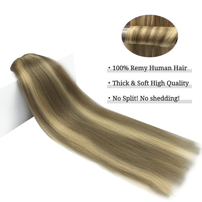 DOORES Clip in Hair Extensions, Ombre Medium Brown Highlighted Golden Blonde 24 Inch 7pcs 120g, Remy Hair Extensions Clip in Human Hair Extensions Natural Hair Extensions Thick Silky Straight