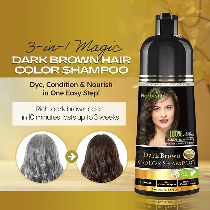 Herbishh Hair Color Shampoo for Gray Hair – Natural Hair Dye Shampoo – Lasts Up To 3-4 Weeks – 500ML – 3-In-1 Hair Color – Colors, Cleanses, and Conditions (Dark Brown Gift Set)