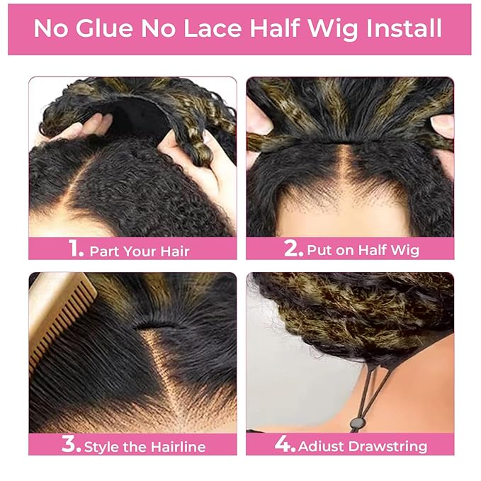 Kinky Curly Half Wig Human Hair 250% Density Wear Go Glueless Wigs Human Hair Curly 3 In 1 Half Wigs for Women Drawstring Seamless Flip Highlight Blonde Headband Wig Beginner Friendly (16 Inch)