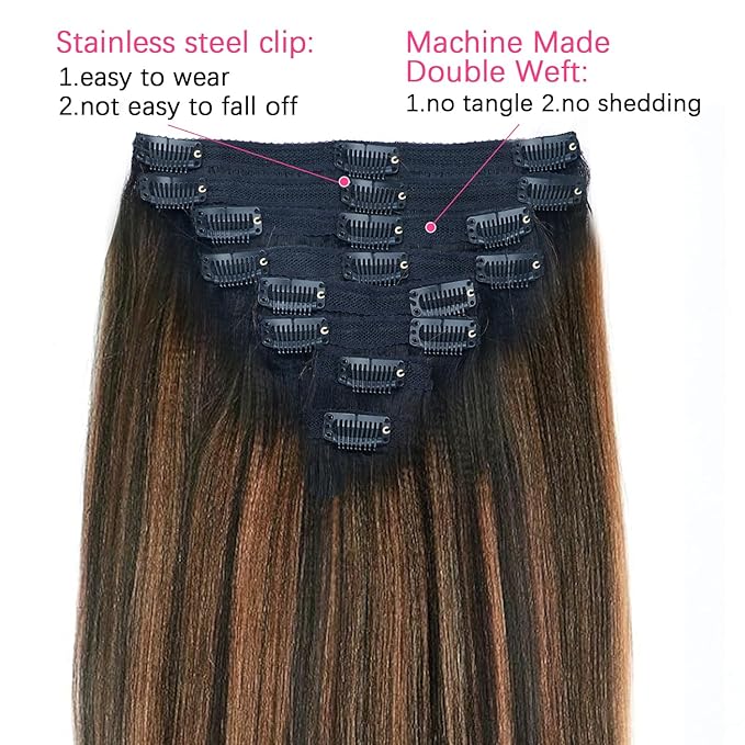 Yaki Straight Clip ins Real Human Hair Extensions For Women Highlight Hair Extensions Yaki Straight Clip in Hair Extensions(22inch,T1BP1B/30)