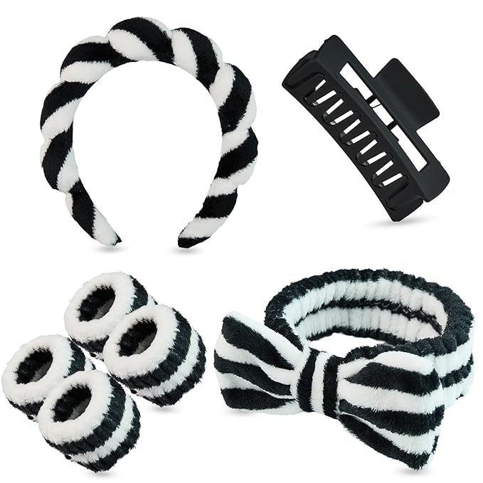 7 Pcs Spa Set, Facial Headband and Wristband Set, Skincare Accessories, College Style Girl Gift, Hair Accessories for Women and Girls（Black White Stripe ）