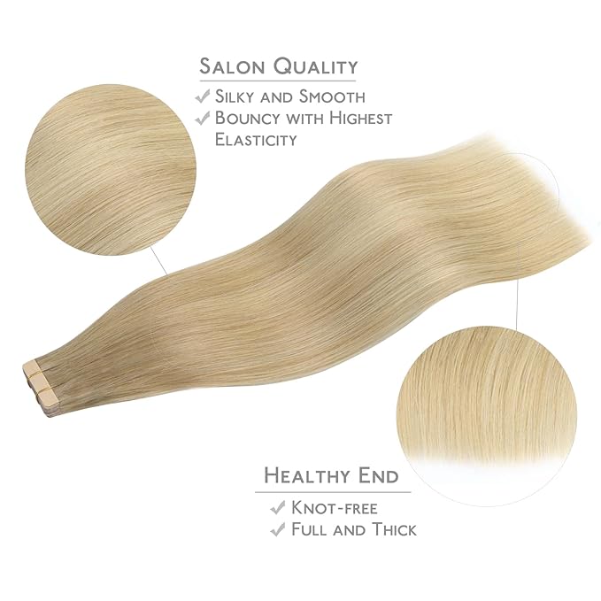 WENNALIFE Tape in Hair Extensions Human Hair, 20pcs 50g 22 inch Balayage Dirty Blonde to White Blonde Remy Hair Extensions Straight Human Hair Tape in Extensions Skin Weft Tape Extensions Human Hair