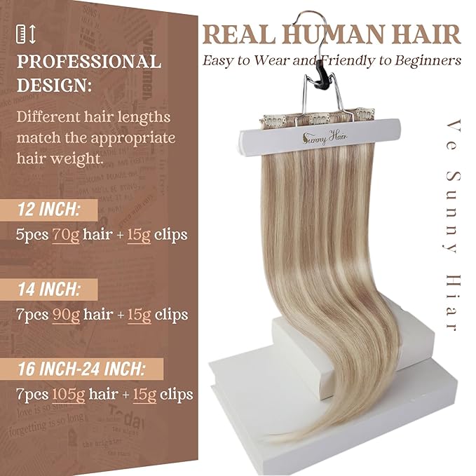 Ve Sunny Clip in Human Hair Extensions Highlights Clip in Hair Extensions Dark Ash Blonde Highlights Light Blonde Real Hair Extensions Clip in Human Hair for Thin Hair Daily Use 7pcs 16inch 120g