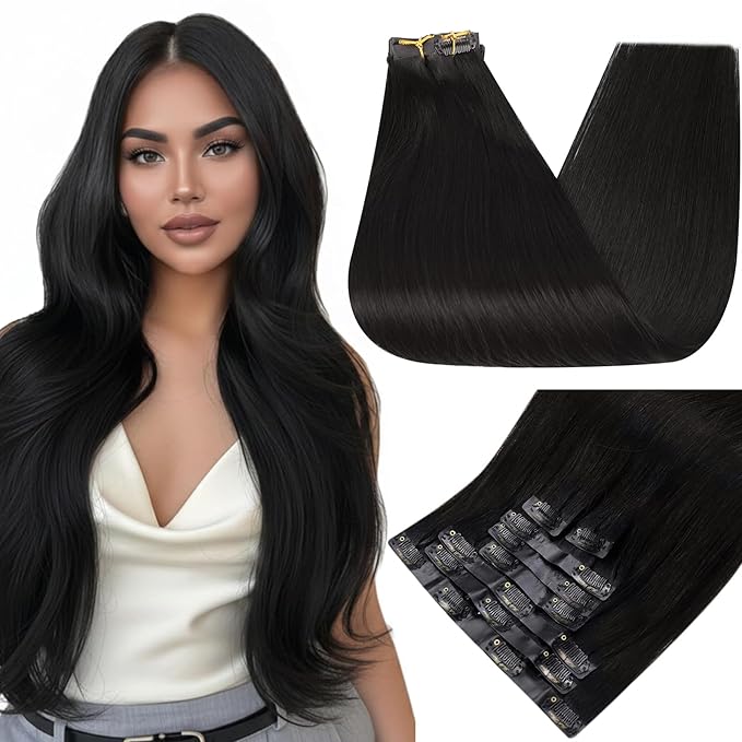 Full Shine Hair Extensions Clip in Human Hair Black Seamless Clip in Hair Extension Black Hair Extensions Clip ins Short Hair Full Head Softness 14 Inch 8 PCS 120 G