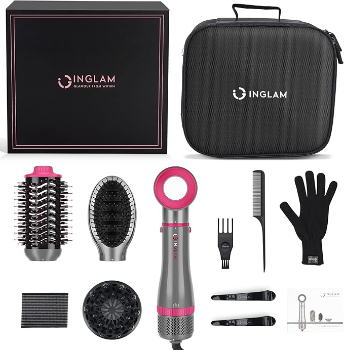 IG INGLAM 4 in 1 Blowout Brush, Negative Ion Detachable Hair Dryer & Styler Volumizer Hot Air Brush with 2 Styling Brush Heads, Silver