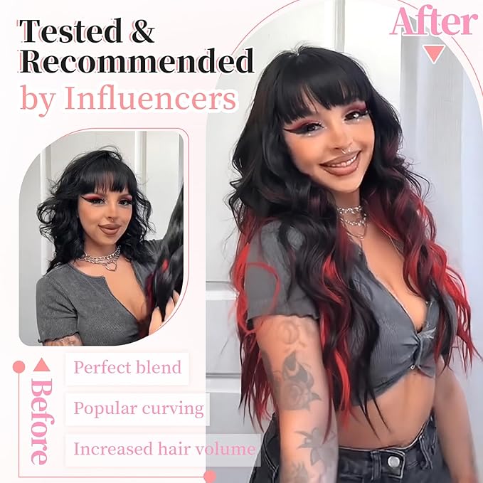 KooKaStyle Hair Extensions Black Mix Red Highlights 1B/113# Clip in Synthetic Highlight Long Wavy 4PCS Thick Hairpieces for Daily Use 24 Inch for Women