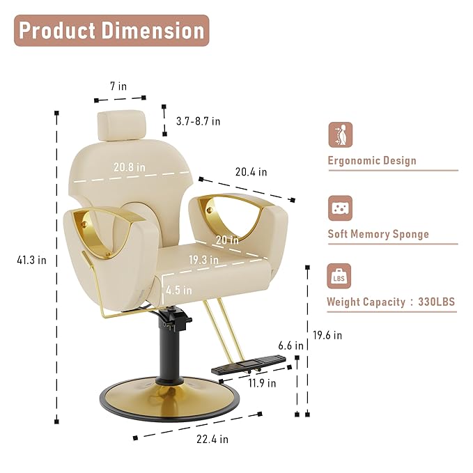 Barber Chair, Salon Chair for Hair Stylist, Height Adjustable Hydraulic Hair Reclining Salon Chairs, 360 Degrees Rotation, Multi-Function Shampoo Chair for Barbershop (Beige)