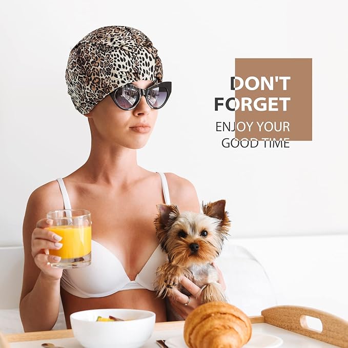 INNELO Luxury Shower Cap for Women Reusable Waterproof, Double Layered Shower Hair Cap with Adjustable Elastic Strap, Large Satin Lined Shower Bath Cap for Long Curly Straight Hair, Leopard