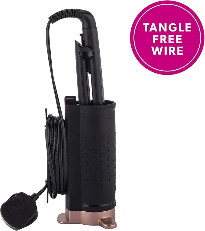 Minky Homecare 2 in 1 Styling Pod - Heat Resistant Soft Silicone Flat Iron and Curling Iron Holder and Styling Mat - Space Saving Bathroom Countertop Organizer - Black & Rose Gold