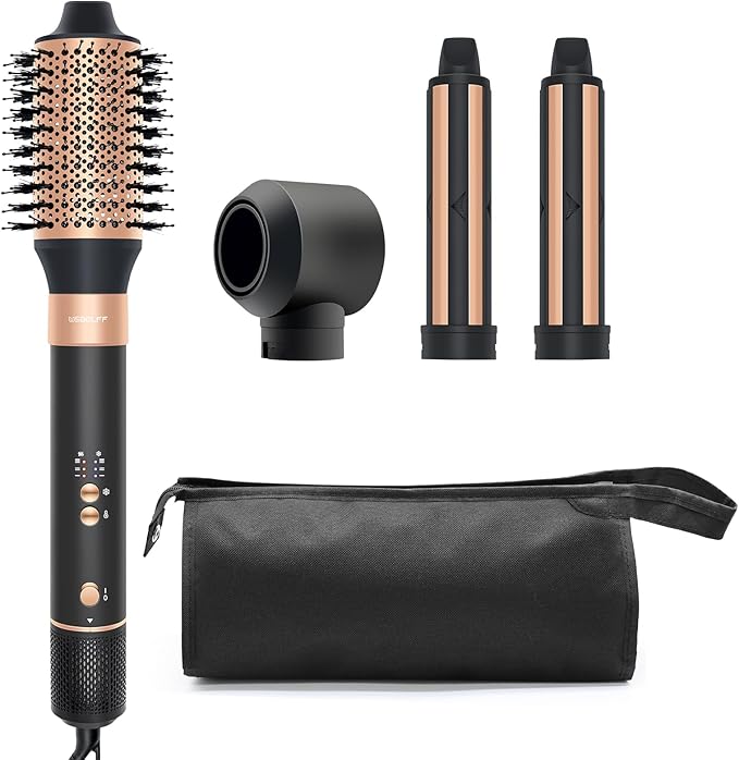 Air Styler Hair Dryer Brush - 110,000 RPM Flexible Hair Styler for Fast Drying/Rotating Curling/Volumizing/Straightening, Auto Wrap Curlers, High-Speed Oval Blow Brush Hair Dryer (Black-Brass)