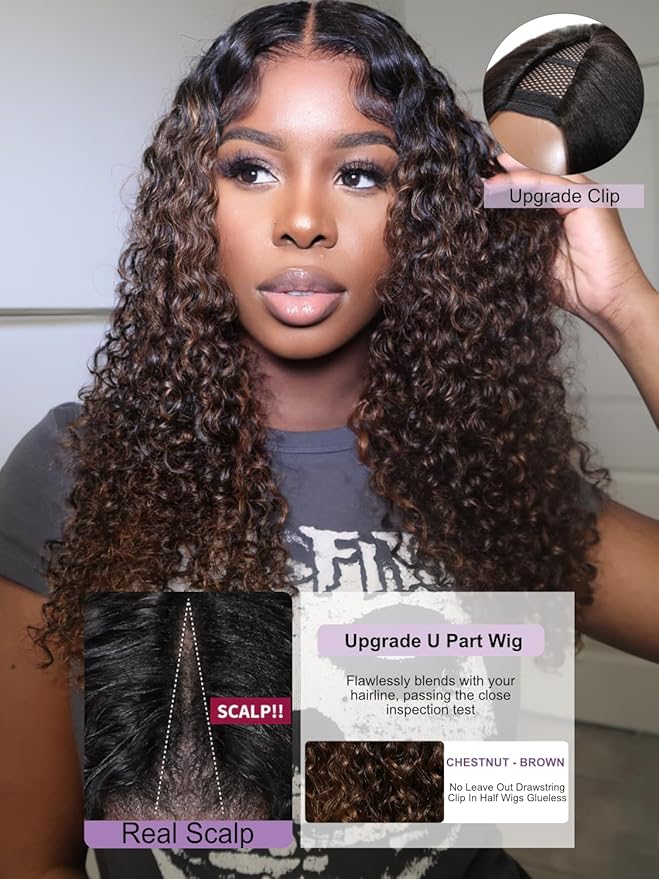 YIROO EasiContour V Part Ombre Brown Human Hair Wig Curly 12A Glueless Upgrade U Part Wig Ombre Black to Chestnut Brown No Leave Out V Shape Clip Wigs Ready to Go 150% Density Beginner Friendly 24Inch