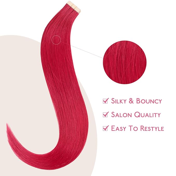 WENNALIFE Tape in Hair Extensions Human Hair Red Tape in Extensions, 10pcs 30g 20 inch Remy Invisible Tape Ins Straight Colored Soft Real Human Hair Tape in Extensions Refill Set Extensions