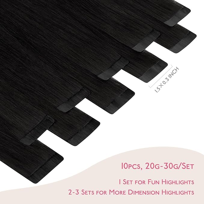 WENNALIFE Tape in Hair Extensions Human Hair Jet Black Tape in Extensions, 10pcs 25g 18 inch Remy Invisible Tape Ins Straight Colored Soft Real Human Hair Tape in Extensions Refill Set Extensions
