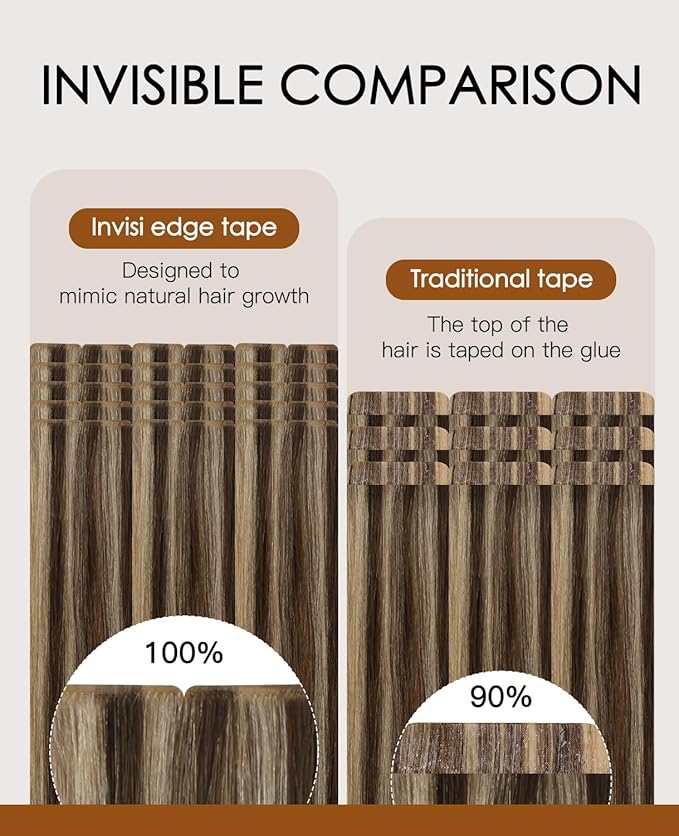 VINBAO Invisi Edge Tape in Hair Extensions Human Hair, Dark Brown with Blonde Injected Tape in Extensions with Highlights, 16in 45g 20pcs/pack Natural Look 16inch #4P27
