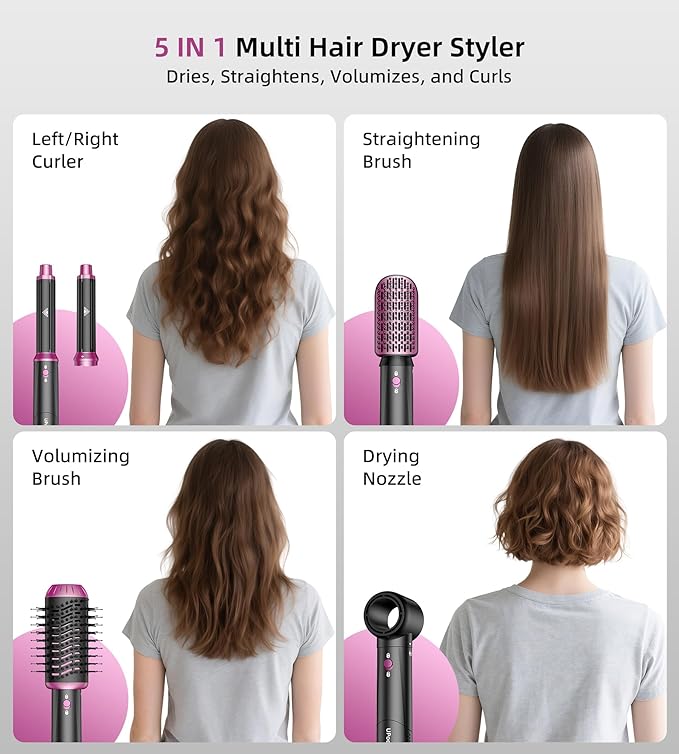 5 in 1 Hot Air Styler & Hair Dryer Brush, High-Speed Blow Dryer, 1300W Fast Drying Curling Without Heat Damage, Volumizing Straightening, Auto Wrap Curlers Includes Travel Storage Bag