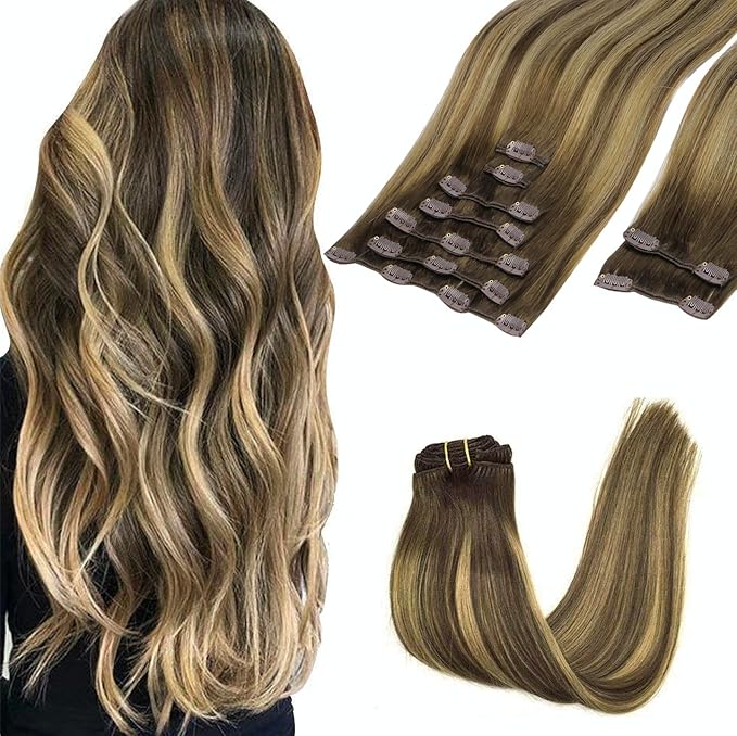 GOO GOO Clip in Hair Extensions Real Human Hair, Remy Human Hair Extensions Clip ins for Women, Natural Human Hair, 20inch 150g 9Pcs, 4/27/4 Balayage Chocolate Brown to Caramel Blonde