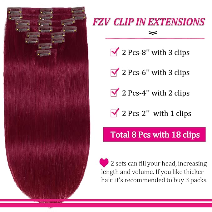 Clip in Hair Extensions Real Human Hair, 99J Burgundy 16inch 110g Long Straight Silky Hair Extensions Real Human Hair 8pcs Double Weft Handmade Per Set with 18clips Clip on Extensions