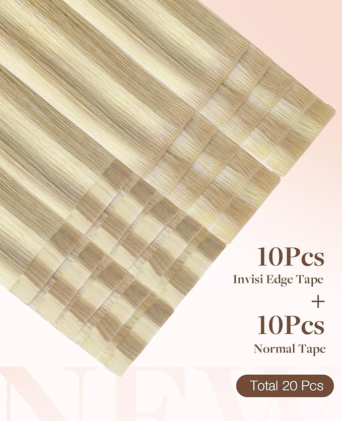 GOO GOO Invisi Edge Tape in Hair Extensions Human Hair, 18A/613A Dark Blonde Highlighted Bleach Blonde 10pcs injected with 10pcs classical tape ins, 12inch 40g, Virgin Remy Hair, Natural Look