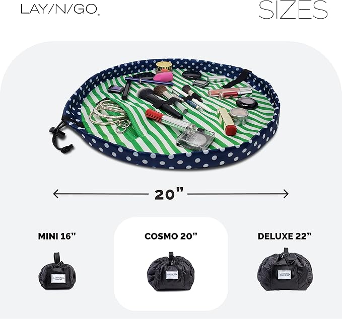Lay-n-Go Cosmo Layflat Drawstring Cosmetic & Makeup Bag Organizer w/Zipper Pocket, Brush Loops & More, Cinch to Close, Lay Flat to Use, Durable, Machine Wash, Travel Toiletry Bag (20", Navy/Green)