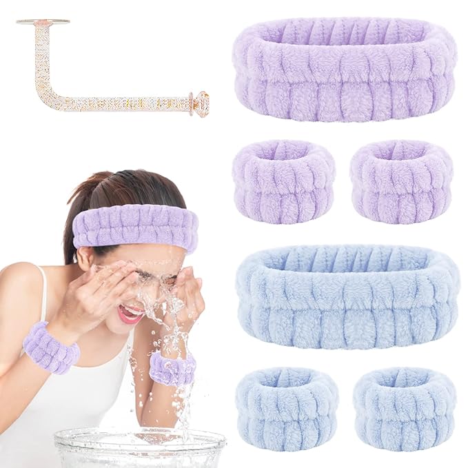 Face Wash Headband and Wristband Set of 2, Purple and Blue, Microfiber, Fitness, Unisex, with Wrist Towel Holder