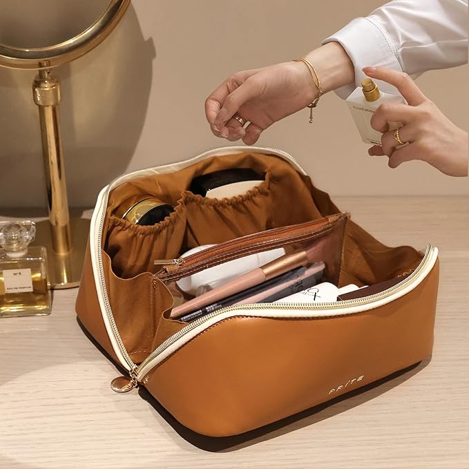 Prite Makeup Bag for Women Travel Waterproof Vegan Leather Cosmetic Bag Open Flat Toiletry Bag With Clear Divider and Handle (Large Brown)