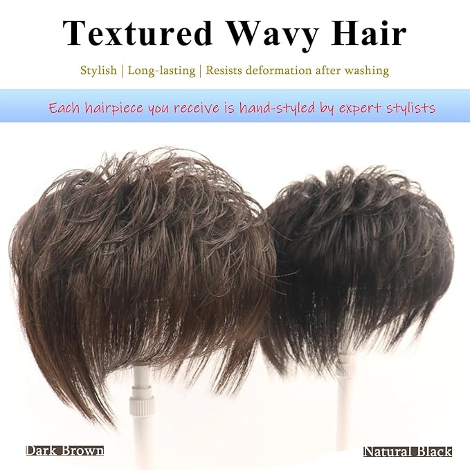 Short Human Hair Topper for Women with Hairloss,Invisible Clip in Texture Wavy Topper Hairpiece with Large Mesh 6.3x7 Ins and Silk Top Base Natural Fluffy Wiglet Hairpiece Natural Black