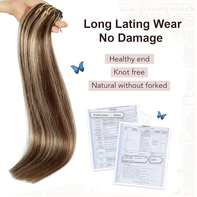 XDhair Clip In Hair Extensions Remy Human Hair 100g 6Pcs Medium Brown #4 Mixed to Caramel Blonde #27 Clip In Real Hair Extensions Silk Stright (#4P27,14Inch)