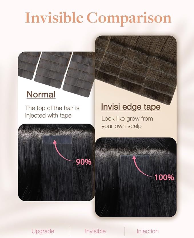 GOO GOO Invisi Edge Tape in Hair Extensions Human Hair, 4/27/4 Balayage Chocolate Brown to Caramel Blonde, 10pcs 18inch 25g, Virgin Remy Hair, Seamless Injected Tape, Natural Look