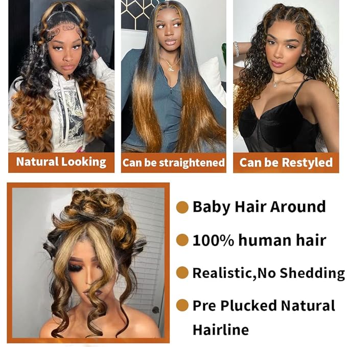 200% Density Full 360 Lace Front Wigs Human Hair For Women Ombre Lace Front Wig Glueless Wigs Body Wave Lace Frontal Wigs Ombre Human Hair Wig for Women(34 Inch)