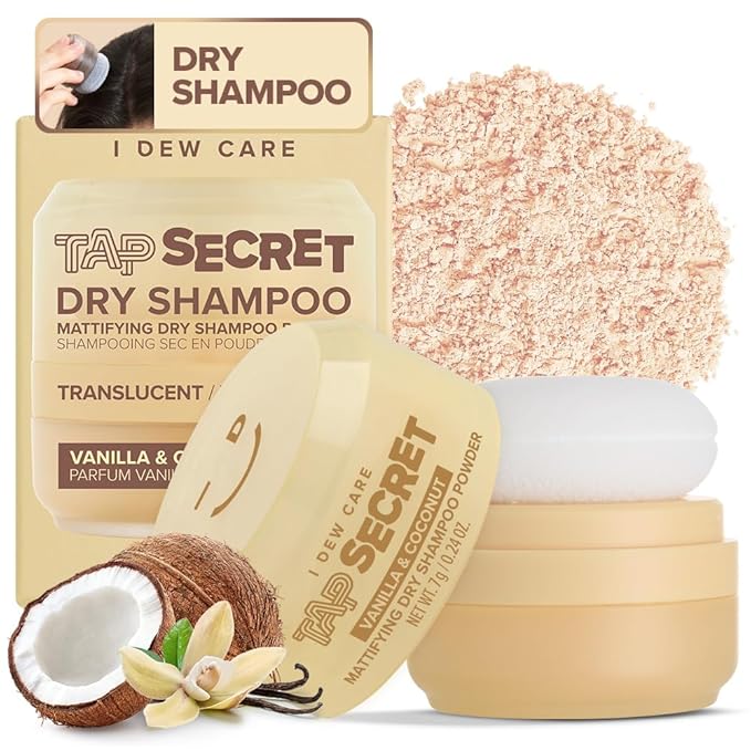 I DEW CARE Tap Secret Dry Shampoo Powder with Biotin & Korean Ginseng - Natural Non-Aerosol Dry Shampoo for Women | Warm Vanilla & Coconut Scent, Volumizing Hair, Travel Size, Stocking Stuffers 0.24Oz