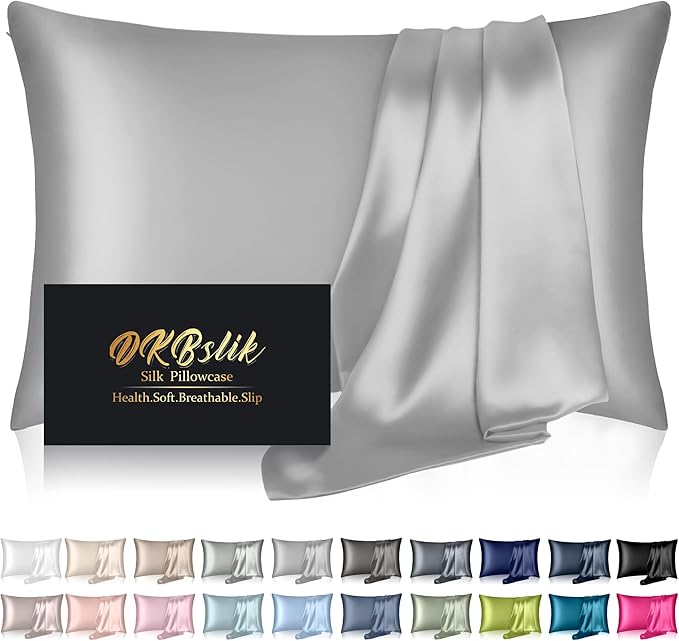 Silk Pillowcase for Hair and Skin, Mulberry Silk Pillow Cases King Size, Soft Anti Acne Cooling Sleep Both Sides Natural Silk Satin Pillow Case Covers with Hidden Zipper, Gifts for Women Men, Grey