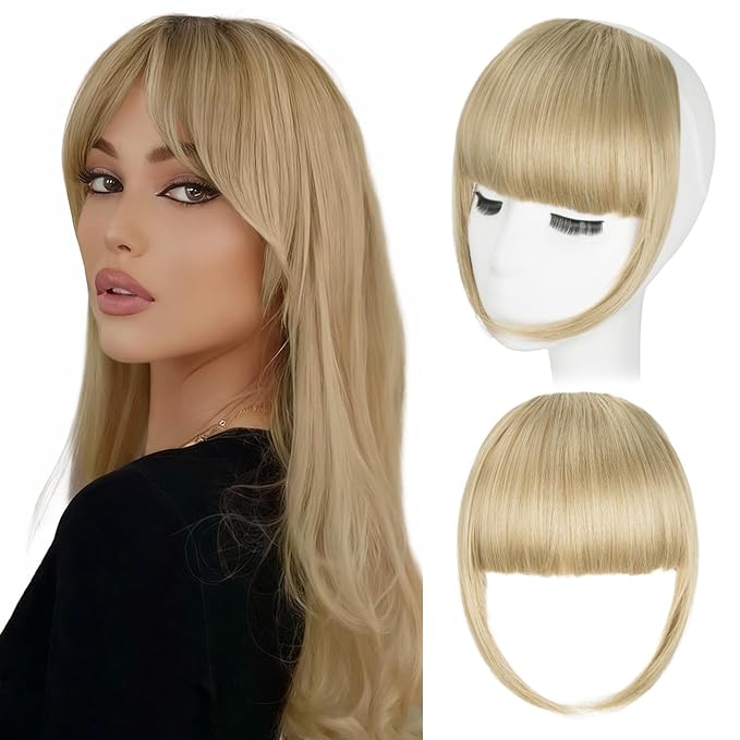 Clip in Bangs, Synthetic French Bangs Hair Clip, Ash Blonde Fake Bangs Fringe with Temples Hairpieces for Women Natural Curved Hair Extensions for Daily Wear