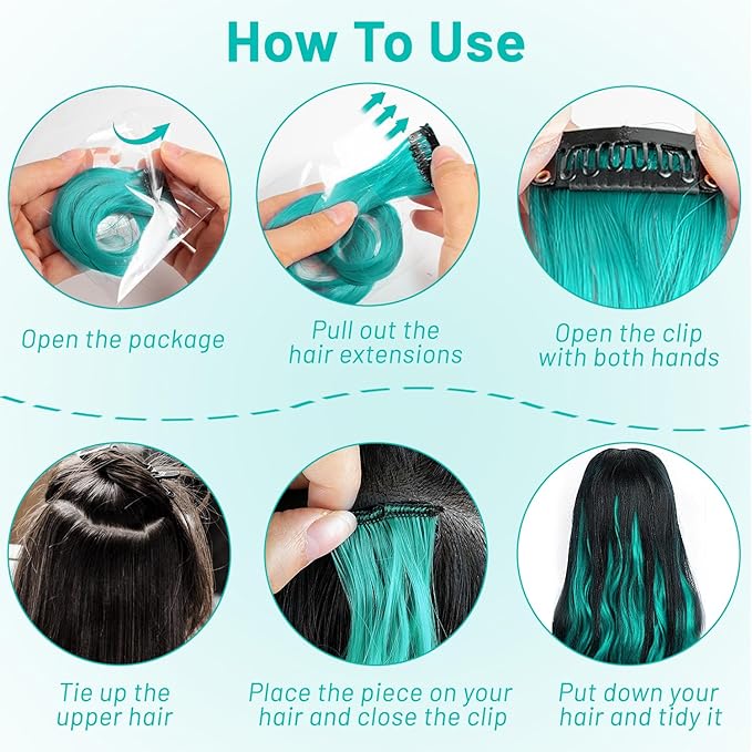 16 Pcs Colored Hair Extensions Curly Wavy Clip in Synthetic Hair Extensions,Colorful Party Highlights Hairpiece Streak for Girls Women Kids(Teal Blue)